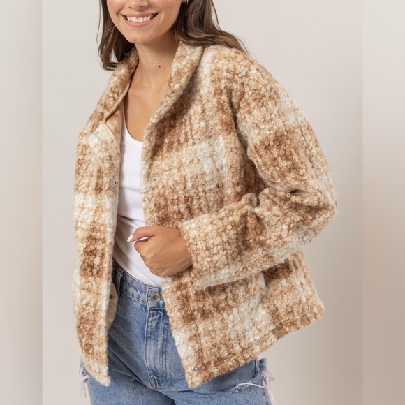 NWT HYFVE Brown Tan 90s Plaid Textured Cropped Boucle Jacket Coat - Picture 3 of 6